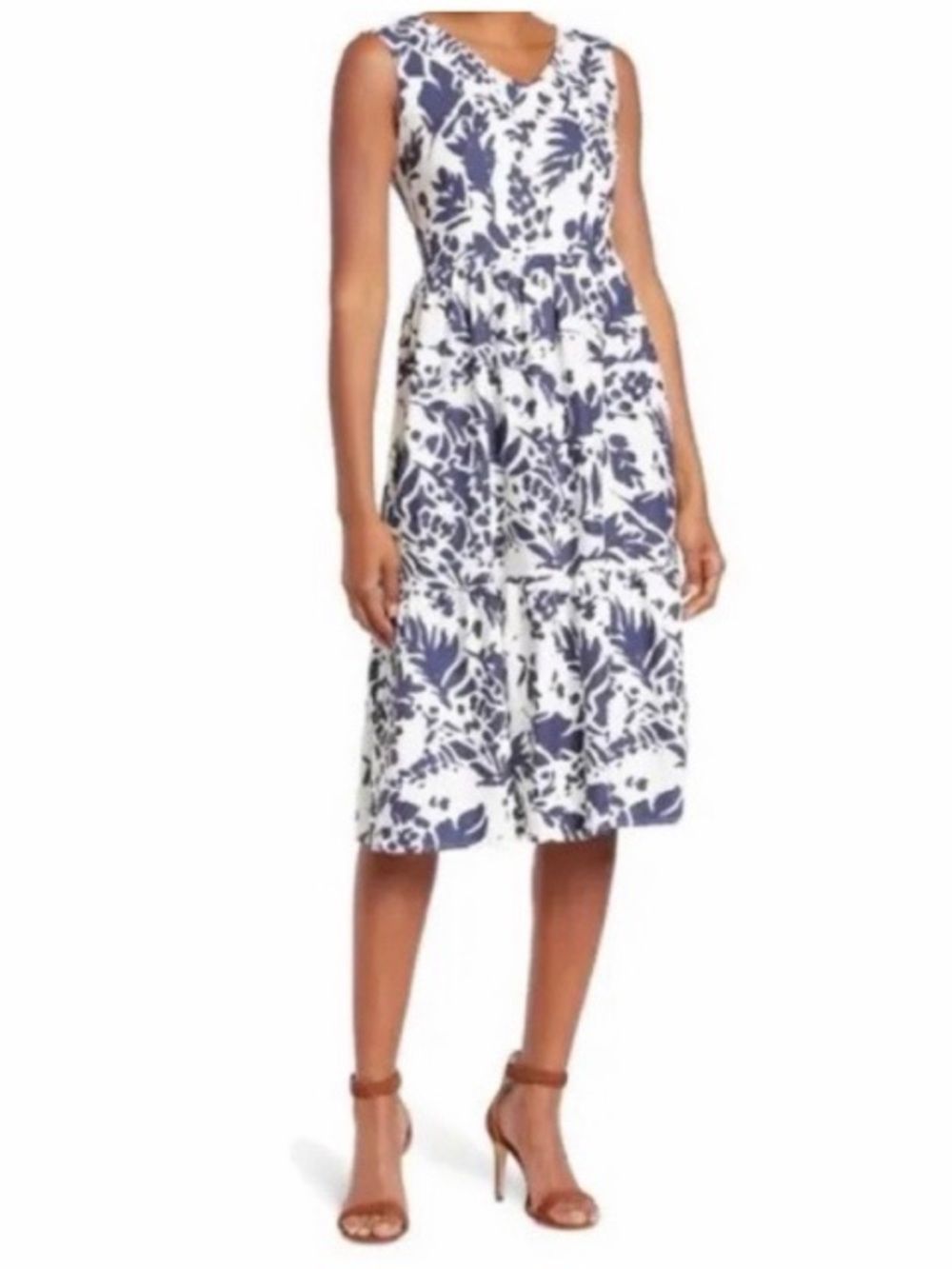 Magaschoni Linen Blend Floral Tiered Midi Dress